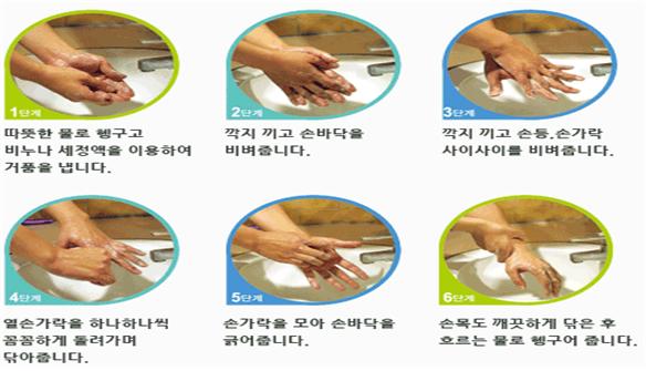 1단계:따듯한 물로 헹구고 비누나 세정액을 이용하여 거품을 냅니다. 2단계:깍지 끼고 손바닥을 비벼줍니다. 3단계:깍지 끼고 손등,손가락 사이사이를 비벼줍니다. 4단계:열손가락을 하나하나씩 꼼꼼하게 돌려가며 닦아줍니다. 5단계:손가락을 모아 손바닥을 긁어줍니다. 6단계:손목도 깨끗하게 닦은 후 흐르는 물로 헹구어 줍니다.